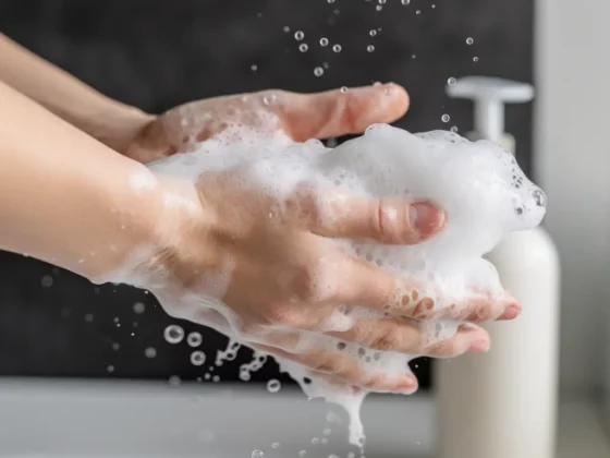 man washing spray foam off hands using soap and water