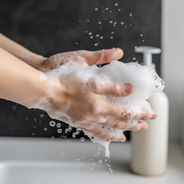 man washing spray foam off hands using soap and water